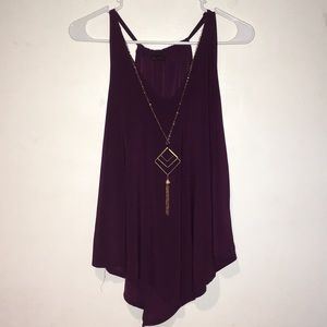 Wine-Colored V Neck Tank Top with Necklace